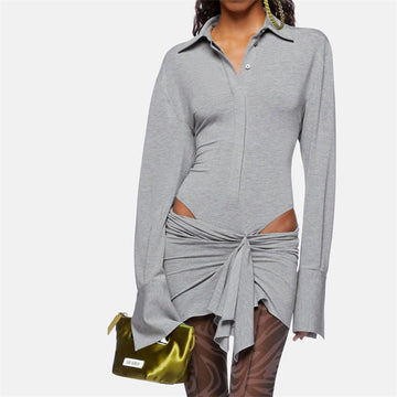 Babes Gray Long-Sleeved Polo Collar Short Dress Girl Niche Fall Sexy Irregular Hollow Dress